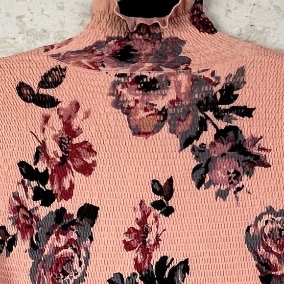 Zara Pink Floral Smocked Top Medium Boho Ruffled Mock Neck and Hem Cottagecore - Picture 14 of 15